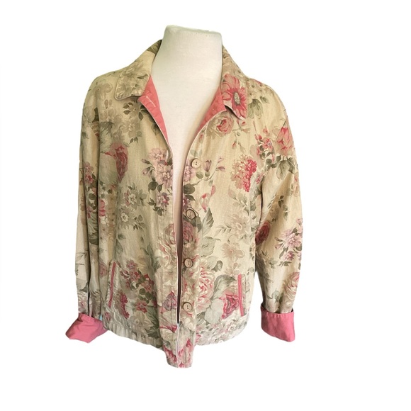 Coldwater Creek Floral Shacket Jacket Large Pink Trim Cotton Cottagecore - Picture 1 of 7